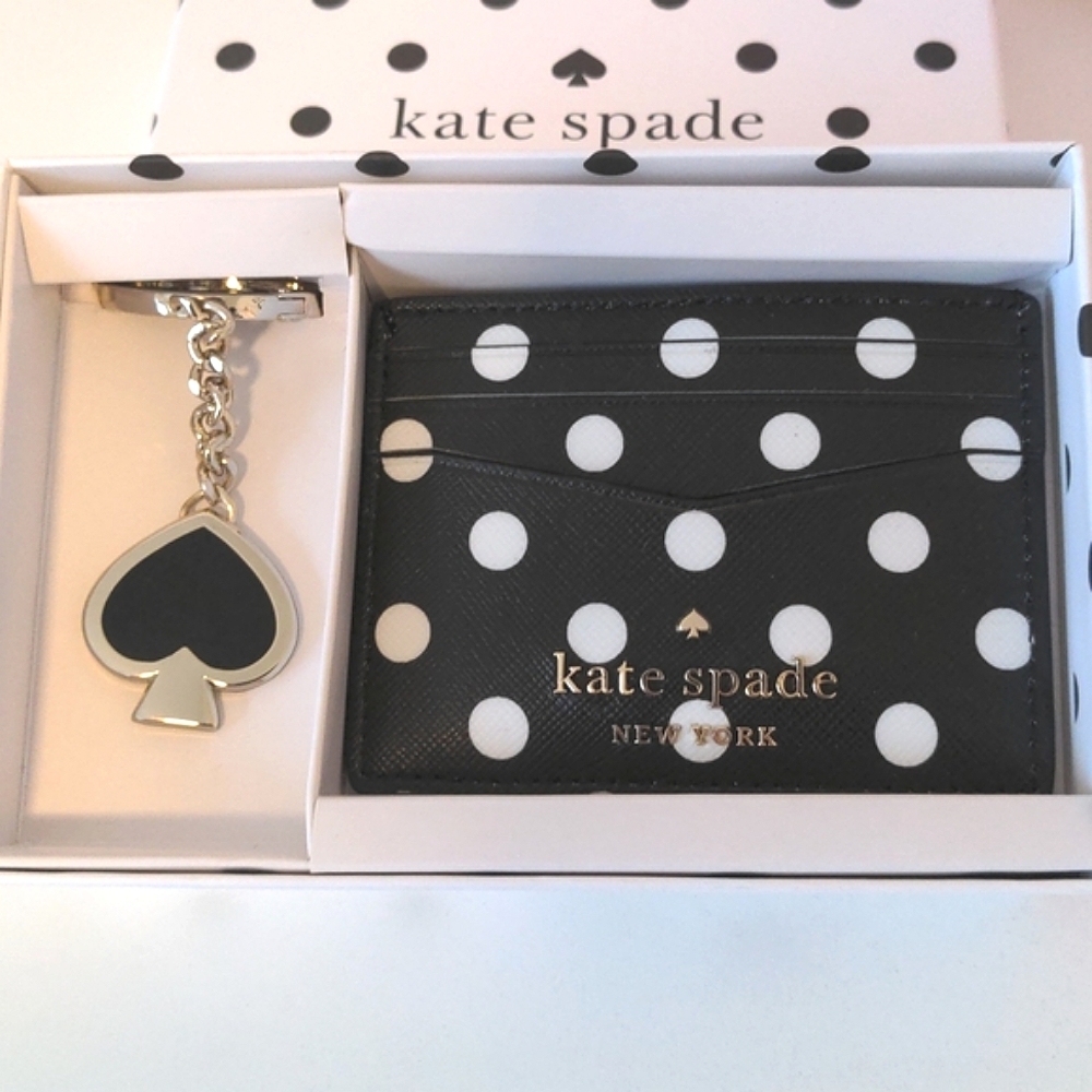 Black with White Polkadot Card Holder and Key Fob Keyring set